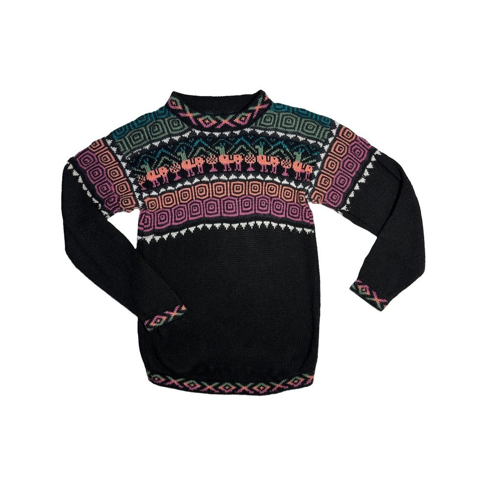 Women's Black Multi Alpaca Mock Neck Sweater - Check Measurements